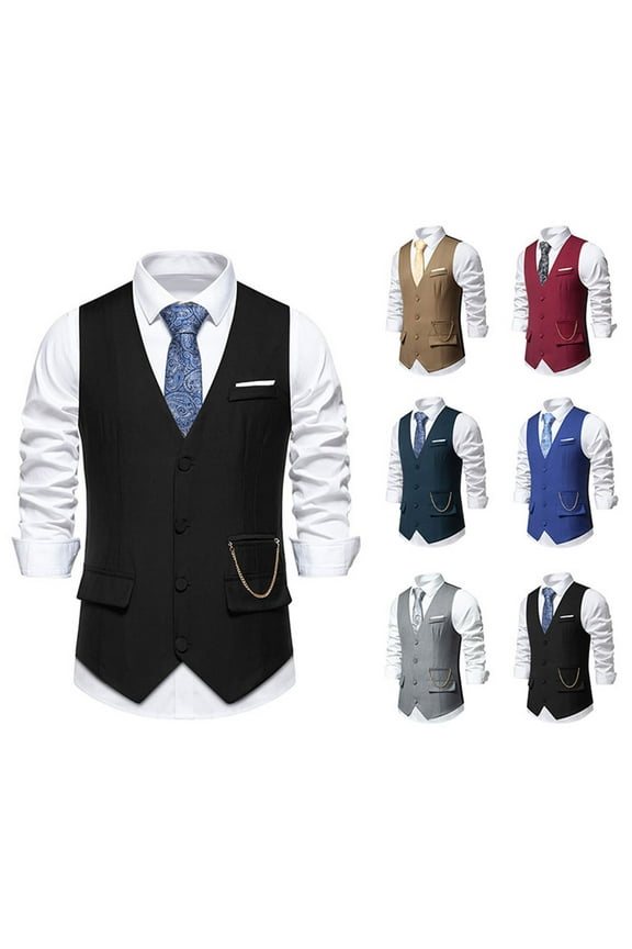 Mens Suit Vest V-Neck Western Herringbone Wool Blend Slim Fit Business Casual Button Dress Waistcoat Black M