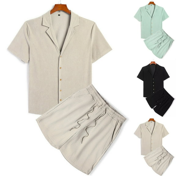 VBTAPA Mens Summer Beach 2 Piece Outfits Casual Vacation Matching Set Short Sleeve Corduroy Shirt and Shorts Sets Yoga Tracksuit Set Limited Time Sales Green M