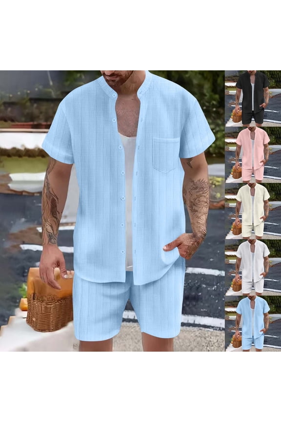 Mens Summer Beach Outfits 2 Piece Button Down Shirt and Shorts Sets Casual Vacation Set Resort Wear Pink XL