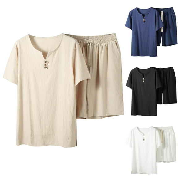 VBTAPA Mens Summer Beach Outfits 2 Piece Short Sleeve Button T Shirt and Drawstring Waist Shorts Set Big and Tall Matching Lounge Set with Pockets Sales of The Day Beige XXXXL