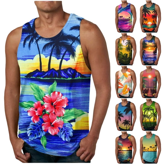 VBTAPA Mens Summer Beach Tank Top Hawaiian Palm Tree Print Sleeveless Muscle Basic Tee Vacation Tops Lightning Sales of Today Prime ZA-Purple M