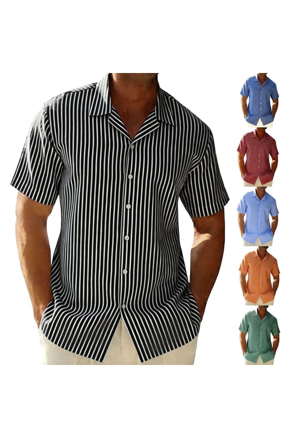 Mens Summer Striped Shirts Button Down Short Sleeve Casual Dress Shirt Vintage Beach Hawaiian Shirts Green L