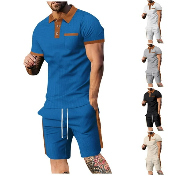 VBTAPA Mens Summer Track Suits 2 Piece Waffle Knit Polo Shirt and Shorts Set Color Block Casual Sweatsuits with Pockets Blue L