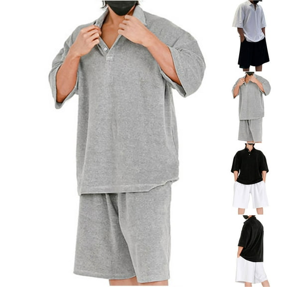 VBTAPA Mens Summer Tracksuit 2 Piece Set Oversized Collared T Shirt and Shorts Set Solid Casual Sports Outfits Short Sleeve Sweatsuit Sets Prime Sale White XXXL