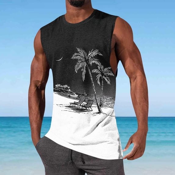 VBTAPA Mens Summer Vacation Tank Tops Hawaiian Beach Sleeveless Shirts Palm Tree Graphic Muscle Tee Black M