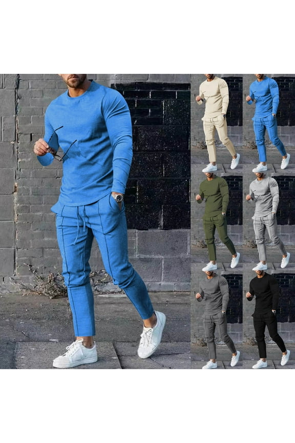 Mens Sweatsuit 2 Piece Outfits Solid Casual Tracksuit Long Sleeve Crewneck Sweatshit and Sweatpants Matching Set Sports Jogging Suits with Pockets Army Green L