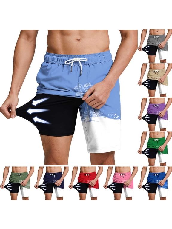 Mens Swim Trunks with Compression Liner 2 in 1 Quick Dry Board Shorts Summer Beach Bathing Suit Hawaiian Swimwear Green S