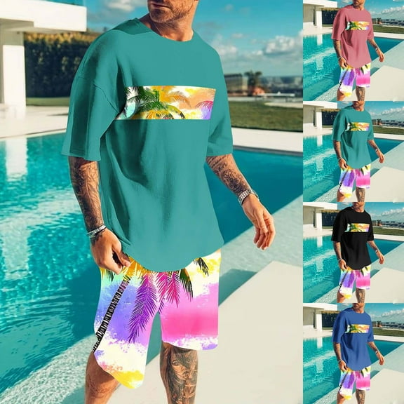 VBTAPA Mens T Shirt and Shorts Set 2 Piece Summer Outfits Tropical Print Short Sleeve Casual Track Suit Hawaiian Beach Vacation Sets Sales of Today Black L