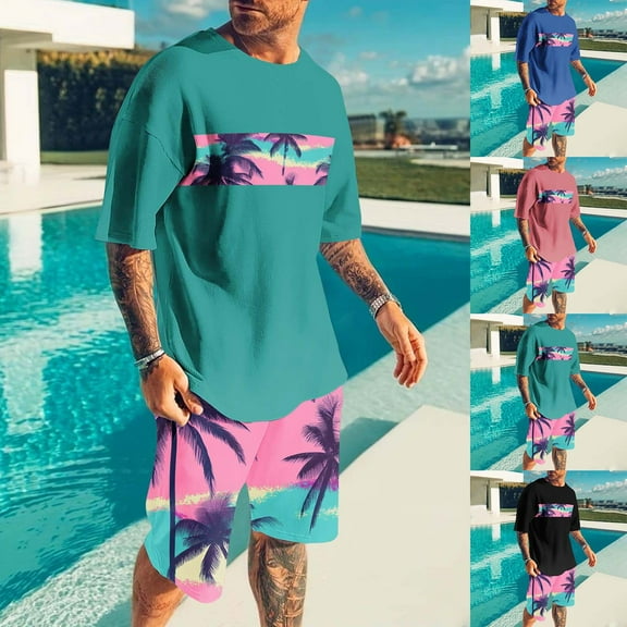 VBTAPA Mens T Shirt and Shorts Set Palm Tree Graphic Printed Casual Workout Sets Tropical Summer Track Suit 2 Piece Set Sales of the Day Green XL