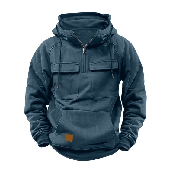 VBTAPA Mens Tactical Hoodies Quarter Zip Hooded Sweatshirt Workout Cargo Hoodie Long Sleeve Drawstring Pullover Sweatshirts with Multiple Pockets Blue XXXL