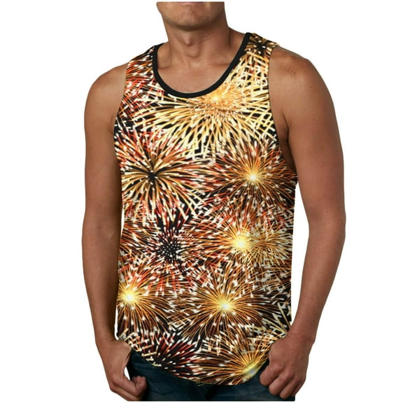 VBTAPA Mens Tank Tops Fashion Firework 3D Print Sleeveless Crewneck Tank Top Summer Beach Vacation Tanks Casual Workout Muscle Shirts Fitness Vest Gold XL