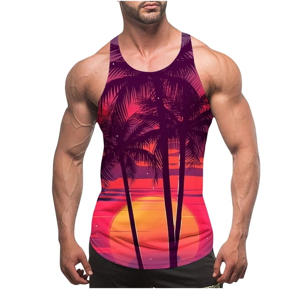 VBTAPA Mens Tank Tops Tropical Summer Vacation Tee Sleeveless Palm Tree Print T-Shirts Beach Novelty Undershirts Hot Pink XL