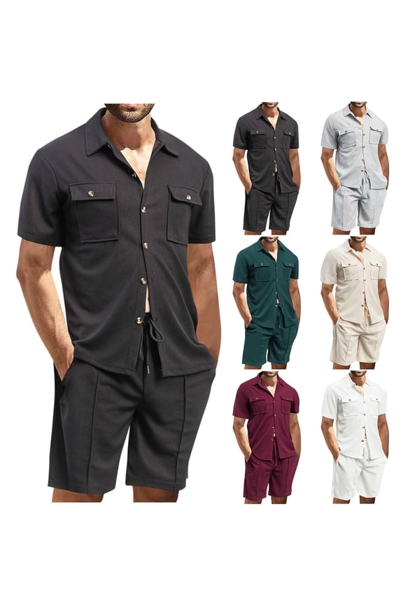 Mens Track Suits 2 Piece Outfits Waffle Knit Cargo Shirts and Shorts Sets Short Sleeve Casual Sweatsuit Set Cruise Wear Gray M