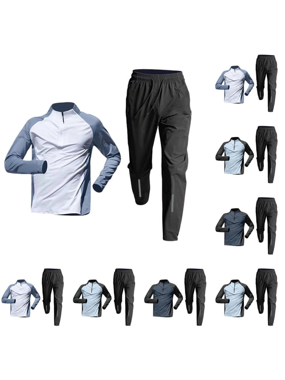 Mens Track Suits 2 Piece Set Quick Dry Quarter Zip Long Sleeve Athletic Shirts Jogging Pants Workout Gym Outfit Sets Navy XXXXL