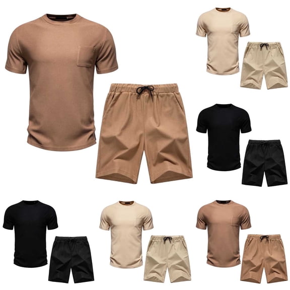 VBTAPA Mens Track Suits 2 Piece Summer Outfits Short Sleeve Pocket T Shirt and Drawstring Waist Shorts Set Solid Casual Sweatsuit Sets Khaki L