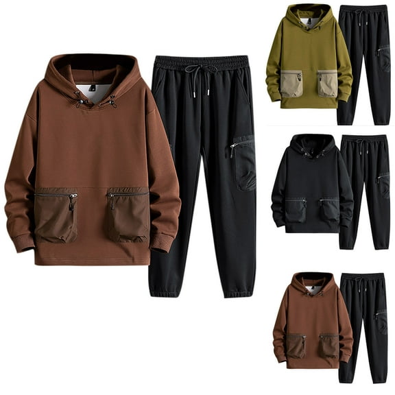 VBTAPA Mens Tracksuit 2 Piece Set Color Block Pocket Hoodie with Drawstring Long Pants Sweatsuit Sets Big and Tall Casual Hiking Outfits with Pockets on Sale Black XL