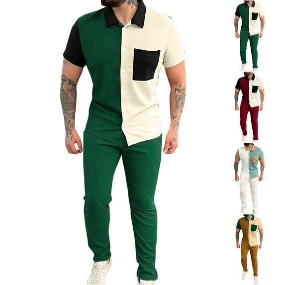 VBTAPA Mens Trendy Summer Outfits 2 Piece Short Sleeve Button Down Shirt and Pants Set Color Block Casual Business Sets with Pockets Green XL