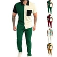 thumbnail image 1 of VBTAPA Mens Trendy Summer Outfits 2 Piece Short Sleeve Button Down Shirt and Pants Set Color Block Casual Business Sets with Pockets Sales of The Day Green M, 1 of 7