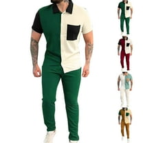 VBTAPA Mens Trendy Summer Outfits 2 Piece Short Sleeve Button Down Shirt and Pants Set Color Block Casual Business Sets with Pockets Sales of The Day Green M