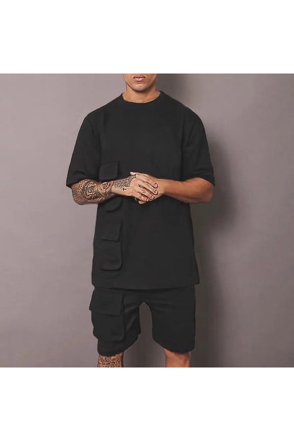 Mens Trendy Summer Outfits 2 Piece Short Sleeve T Shirt and Shorts Set Lightweight Outdoor Casual Tracksuit Sets with Pockets Black XXL