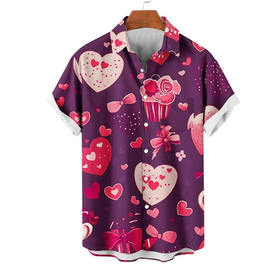 VBTAPA Mens Valentines Day Shirt Love Heart Print Shirts Casual Short Sleeve Vacation Shirts Button Down Hawaiian Beach Shirt Purple XXXXL