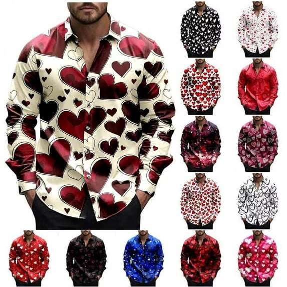 VBTAPA Mens Valentines Day Shirts Love Heart Graphic Printed Casual Button Down Shirt Long Sleeve Date Night Shirts Gifts for Lover Boyfriend Clearance Sale Red L