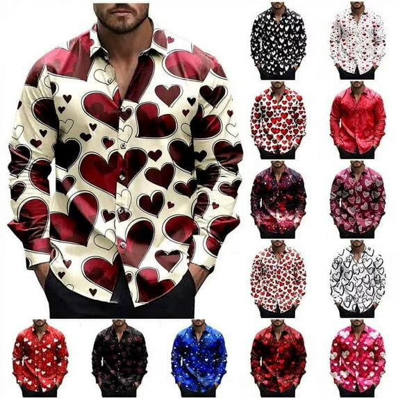 VBTAPA Mens Valentines Day Shirts Love Heart Graphic Printed Casual Button Down Shirt Long Sleeve Date Night Shirts Gifts for Lover Boyfriend Red S