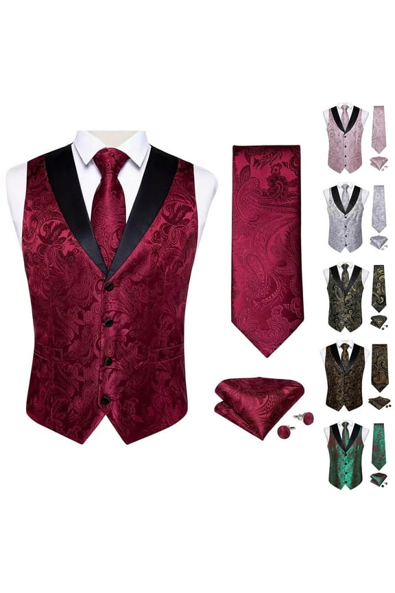 Mens Vest Tie Set 3PC Formal Waistcoat Paisley Floral Jacquard Waistcoat Wedding Party Suit Vests Pink XXXL
