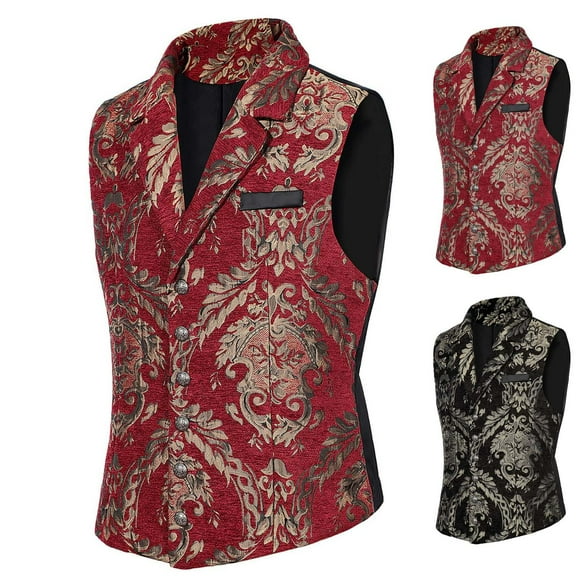 VBTAPA Mens Victorian Gothic Suit Vest Steampunk Waistcoat Single Breasted V-Neck Formal Wedding Tuxedo Vest Jacket Red XL