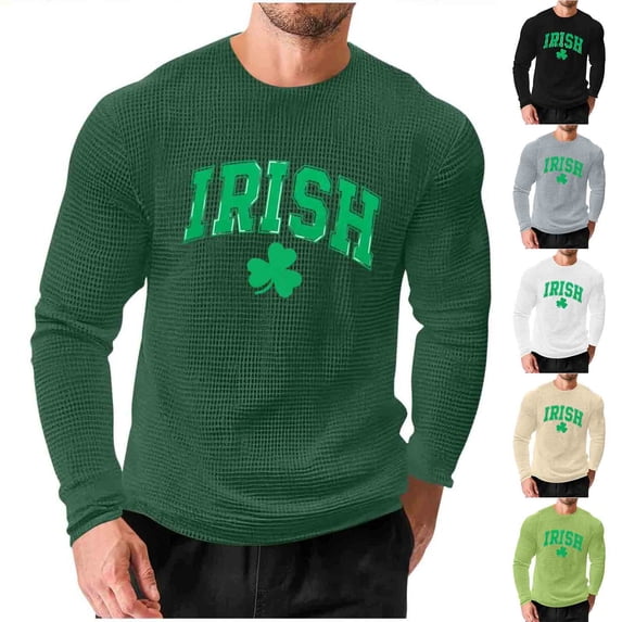 VBTAPA Mens Waffle Knit Shirts Funny Irish Clover T-Shirts Long Sleeve Crewneck Pullover Tees Casual Holiday Tops Green L