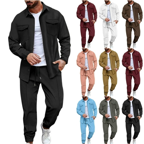 VBTAPA Mens Waffle Knit Sweatsuit Sets 2 Piece Tracksuit Long Sleeve Button Up Shirts Jogger Sweatpants Gym Workout Athletic Suit Sets Clearance Sale Black XL