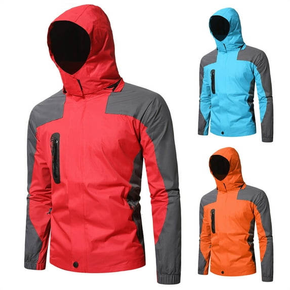 VBTAPA Mens Waterproof Rain Jacket with Removable Hood Lightweight Color Block Windbreaker Slim Fit Long Sleeve Hiking Travel Softshell Raincoat Limited Time Deals of The Day Blue L