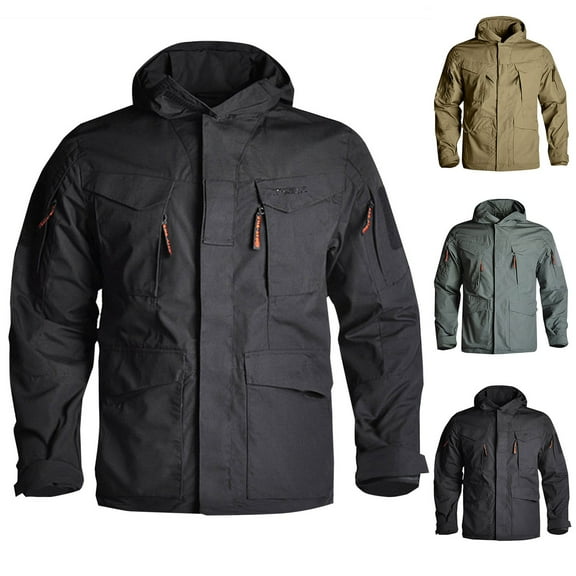 VBTAPA Mens Windproof Waterproof Rain Jacket Lightweight Mountain Sport Jackets for Men Hooded Softshell Windbreaker Military Tactical Jacket with Multi Pockets Black L
