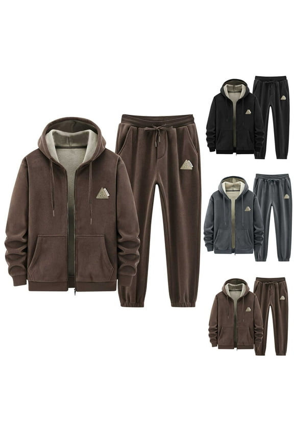 Mens Winter Tracksuit 2 Piece Fleece Lined Hooded Jacket Jogger Sweatsuits Sets Thicken Warm Sports Outfits Clearance Sale Gray XXXXL