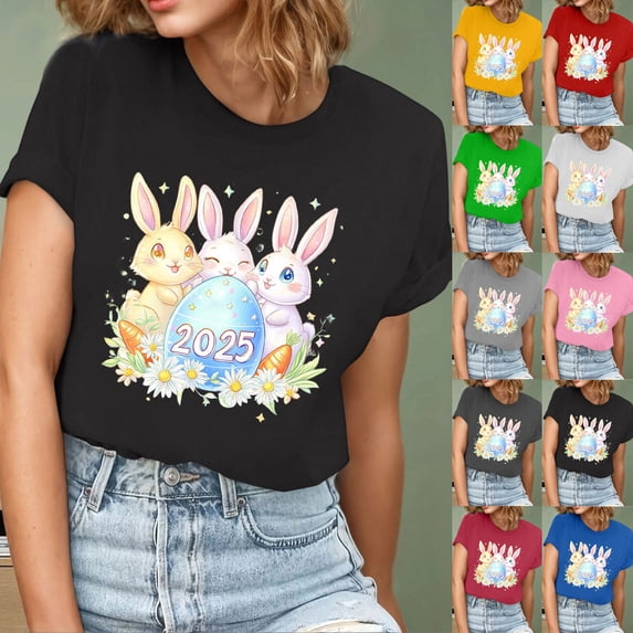 VBTAPA Novelty Graphic Tees for Women Happy Easter Bunny Print T-Shirt Cute Leopard Rabbit Tee Tops Green XL