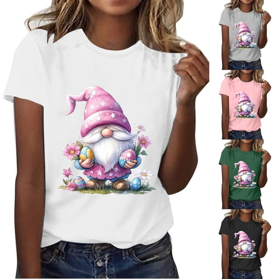 VBTAPA Novelty Graphic Tees for Women Happy Easter Bunny Print T-Shirt Cute Leopard Rabbit Tee Tops on Sale Pink M