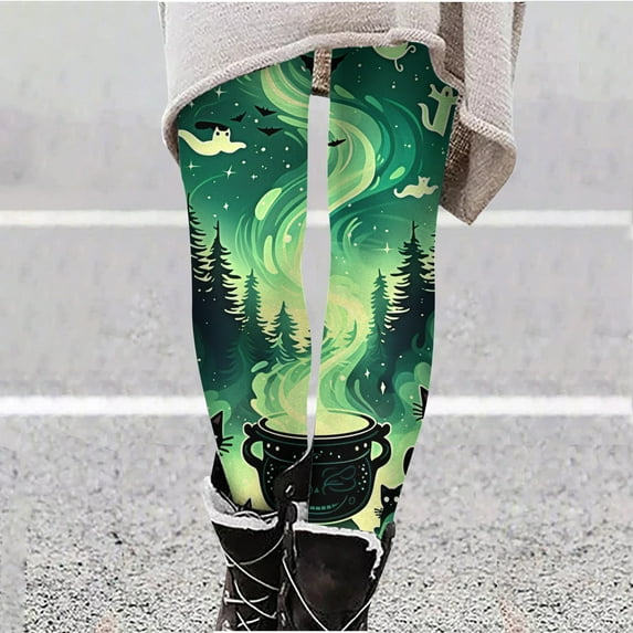 VBTAPA Novelty Halloween Leggings for Women Funny Holiday Party Tights High Waisted Stretch Yoga Running Pants Buttery Soft Ankle Length Leggings Daily Deals Green M