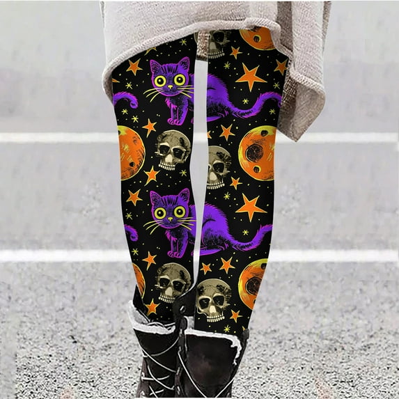 VBTAPA Novelty Halloween Leggings for Women Funny Holiday Party Tights High Waisted Stretch Yoga Running Pants Buttery Soft Ankle Length Leggings On Sale Black L