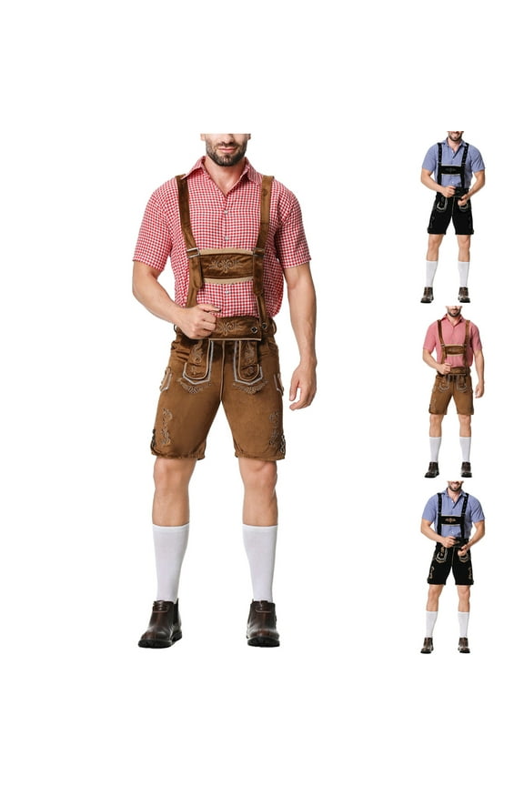 Oktoberfest Costume Men Beer Festival Cosplay Costumes Short Sleeve Plaid Shirt and Suspender Shorts Bavarian 2 Piece Outfit Black XL
