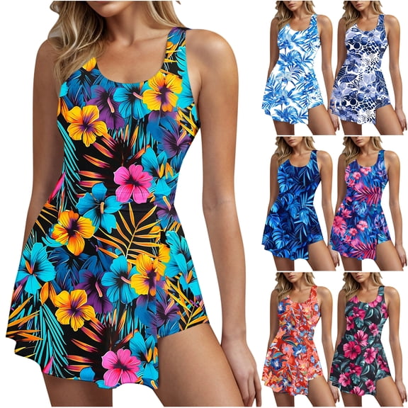 VBTAPA One Piece Swim Dress Swimsuits for Women Floral Print Bathing Suits Tummy Control Swimwear Beach Resort Wear Sales of Today Multicolor M