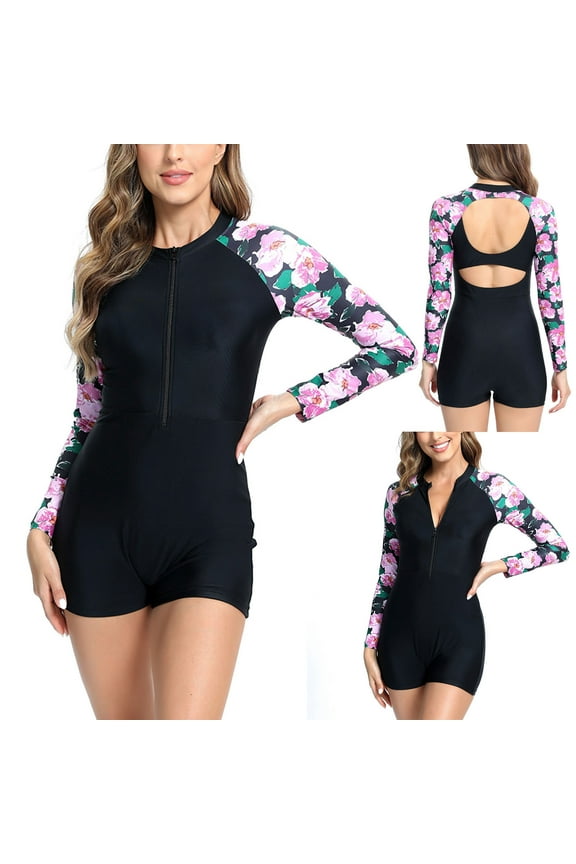 One Piece Swimsuit for Women Floral Print Long Sleeve Bathing Suits Tummy Control Surfing Beach Swimwear Sales of the Day Pink S