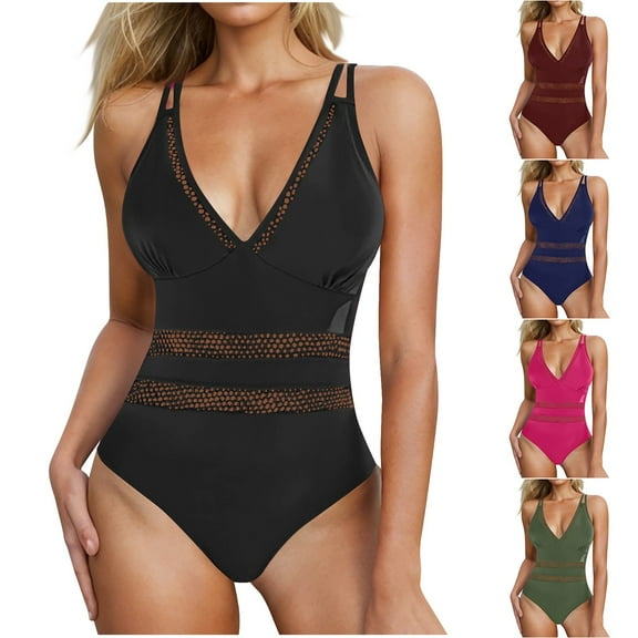 VBTAPA One Piece Swimsuits for Women V Neck Strappy Bathing Suit Hollow Out Monokini Swimwear Limited Time Sales Black XXL