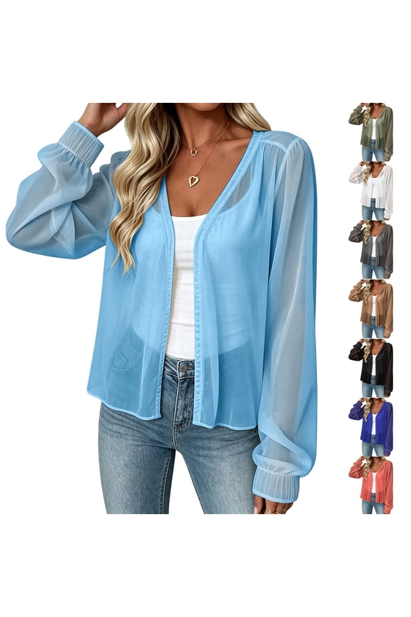 VBTAPA Open Front Cardigan for Women Sheer Chiffon Cardigans Lantern Long Sleeve Shrugs Breathable Sun Protection Coverup Top Black L