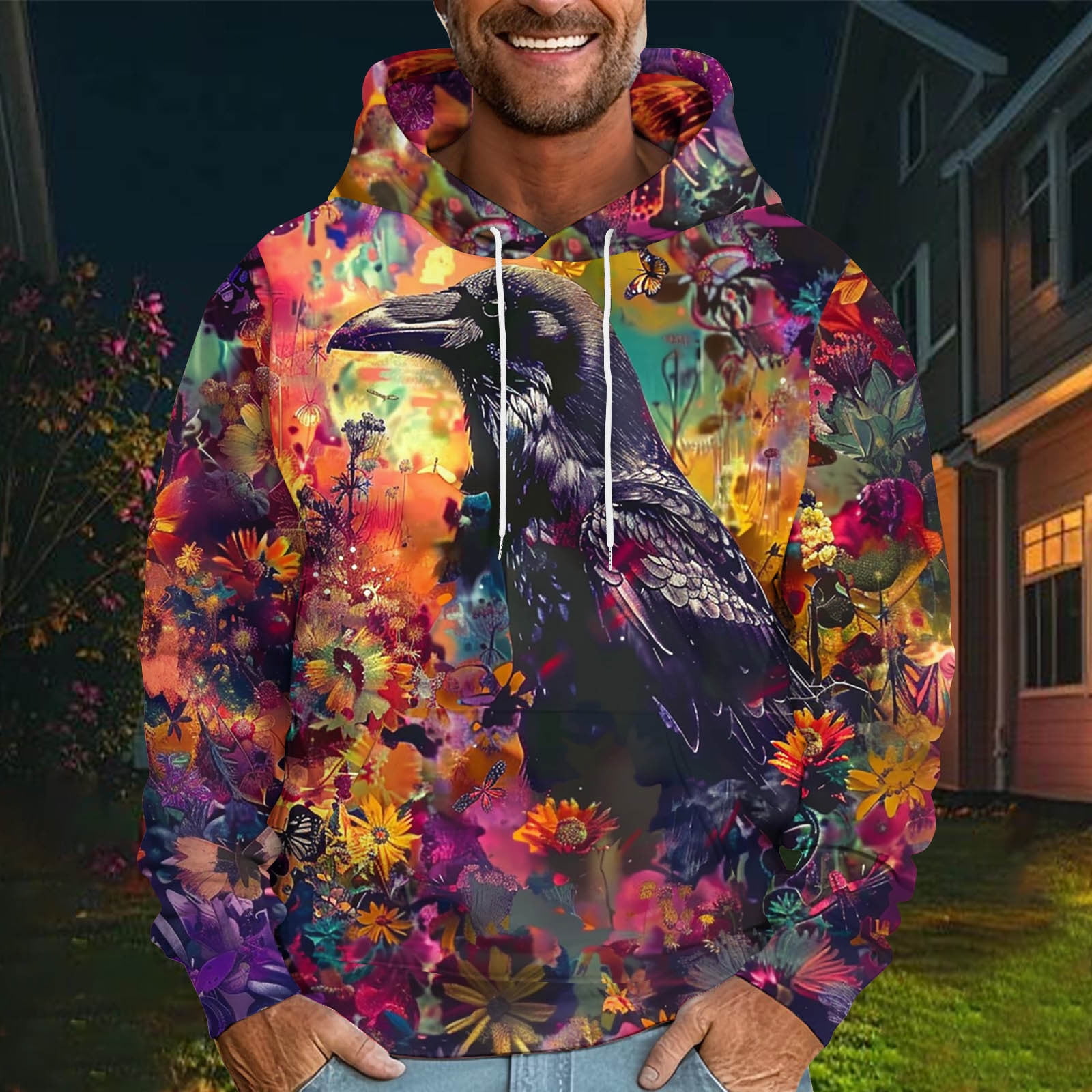 VBTAPA Oversized Drawstring Hoodies for Men Novelty 3D Printed