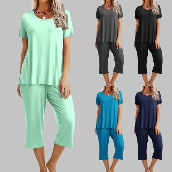 VBTAPA Pajama Sets for Women 2 Piece Loungewear Outfits Solid Color Short Sleeve Tops and Capri Pants Matching Lounge Set Navy S