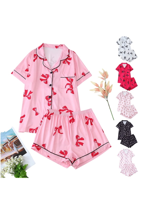 Pajama Sets for Women 2 Piece Valentines Day Pajamas Cute Pj Sets Short Sleeve Button Down Shirts and Shorts Lounges Pjs Sets Pink L