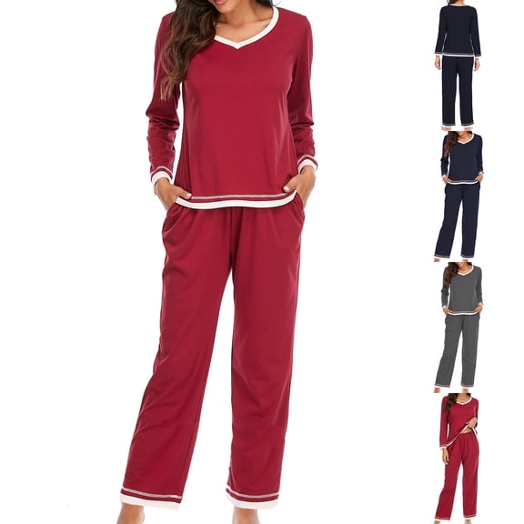 VBTAPA Pajama Sets for Women Long Sleeve Sleepwear V Neck Tops and Long Pants Soft Loungewear Pj Set 2 Piece Outfits Lounge Sets Navy M