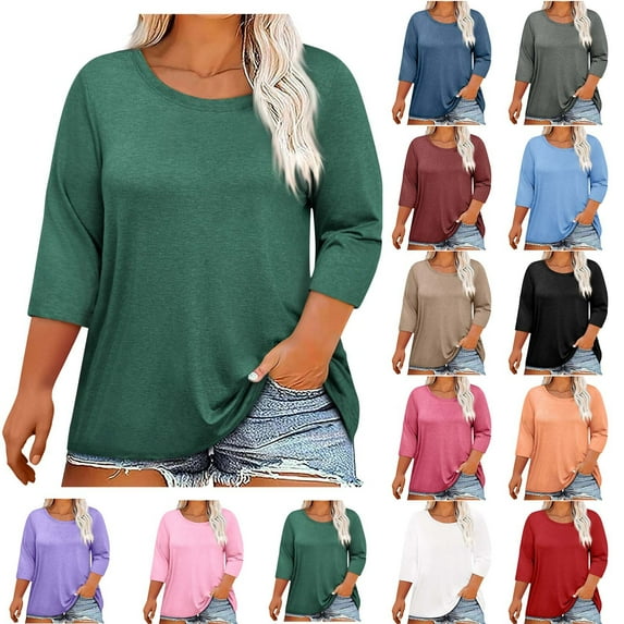 VBTAPA Plus Size 3/4 Sleeve T Shirts Women Solid Basic Tees Soft Comfy Crewneck Tee Tops Prime Sales of The Day Light Blue XXXXL