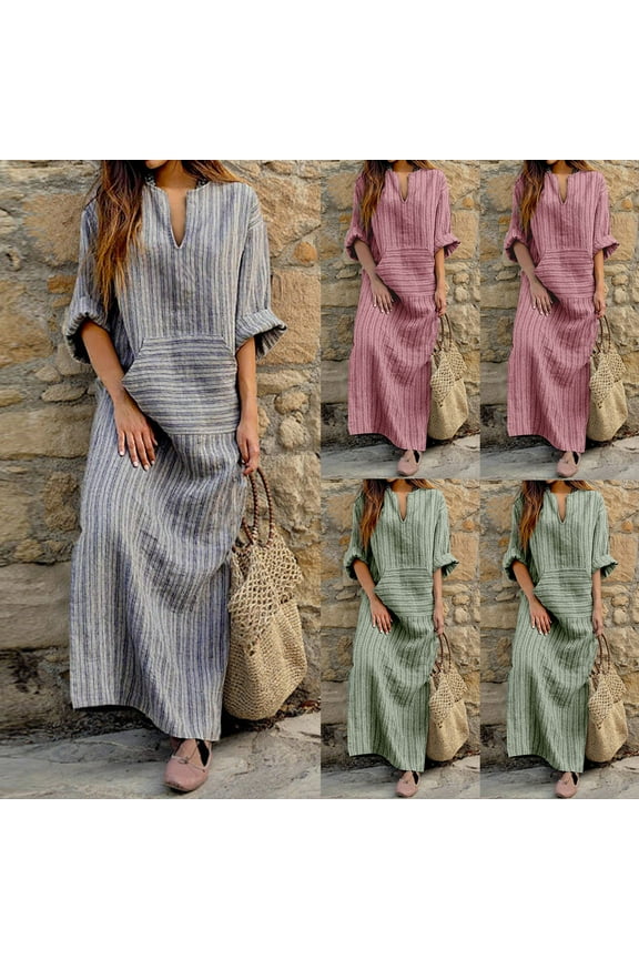 Plus Size Dresses for Women Cotton Linen Casual Shift Dress Striped Print Long Sleeve V Neck Maxi Dresses Lightweight Beach Lounge Dress with Pockets Gray XXXL