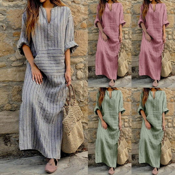 VBTAPA Plus Size Dresses for Women Cotton Linen Casual Shift Dress Striped Print Long Sleeve V Neck Maxi Dresses Lightweight Beach Lounge Dress with Pockets Red XXL